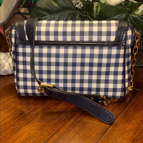 Tory Burch Leather Kerrington Gingham Crossbody Bag Blue White Gold Tone Chain - Picture 5 of 7